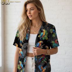 Colorful parrots Hawaiian shirt size chart and specifications showing measurements and fabric details