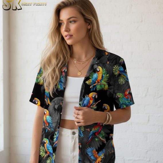 Colorful parrots Hawaiian shirt size chart and specifications showing measurements and fabric details