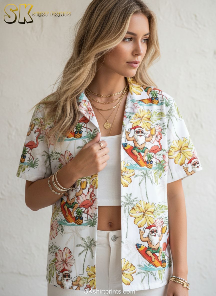 Cotton Christmas Hawaiian shirt with Santa wearing sunglasses surfing, surrounded by pink hibiscus flowers and palm trees