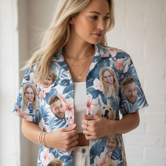 Custom face hawaiian shirt displaying personalized photo prints within tropical floral pattern
