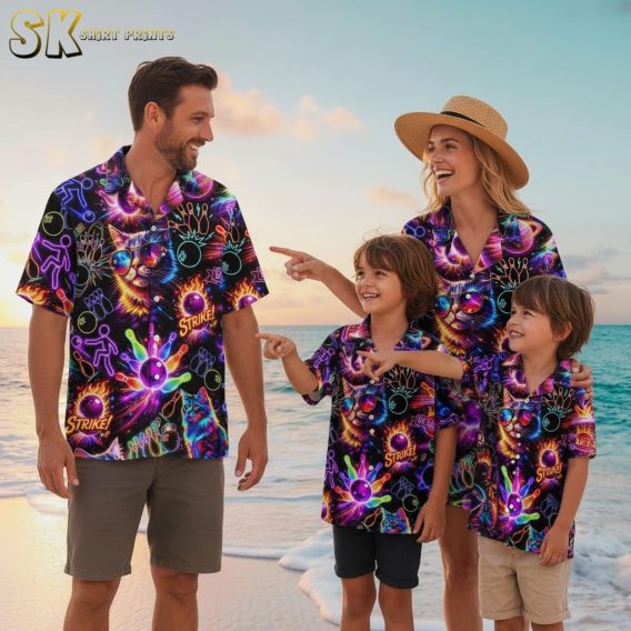 Custom Hawaiian bowling shirts collection showing multiple color variations of cat bowling design