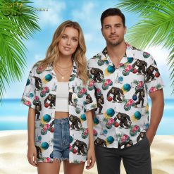Custom Hawaiian bowling shirts with personalized gorilla and bowling ball tropical pattern