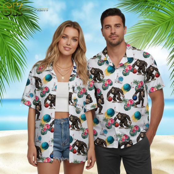 Custom Hawaiian bowling shirts with personalized gorilla and bowling ball tropical pattern