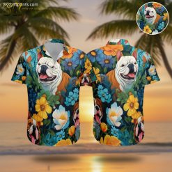 Custom hawaiian shirts with dog featuring cartoon bulldogs and colorful tropical flowers in yellow, blue and white