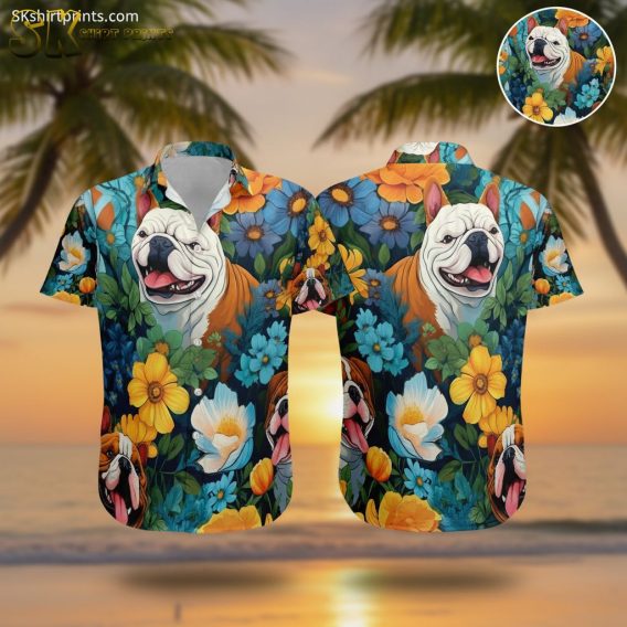 Custom hawaiian shirts with dog featuring cartoon bulldogs and colorful tropical flowers in yellow, blue and white