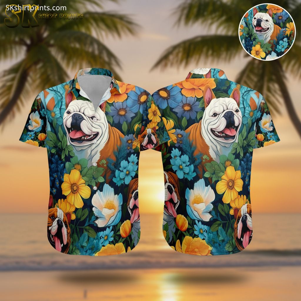 Custom hawaiian shirts with dog featuring cartoon bulldogs and colorful tropical flowers in yellow, blue and white