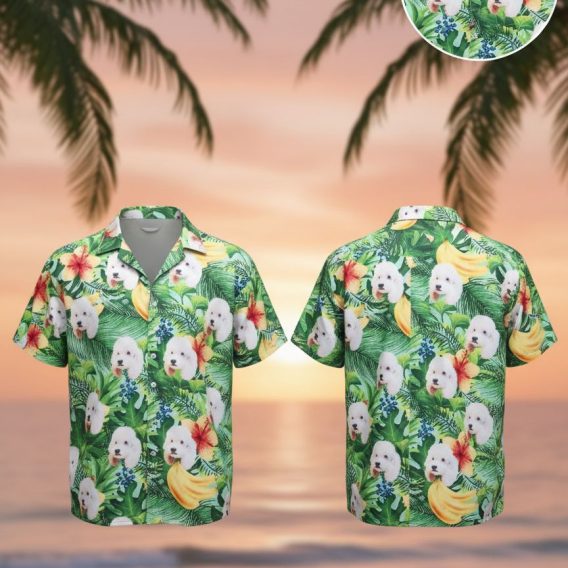 Custom hawaiian shirt with dog pattern featuring white fluffy dog, hibiscus flowers, tropical leaves and bananas