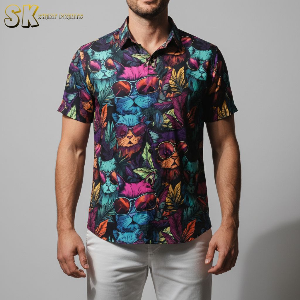 Custom hawaiian shirts with face featuring stylized cats wearing sunglasses on colorful tropical background