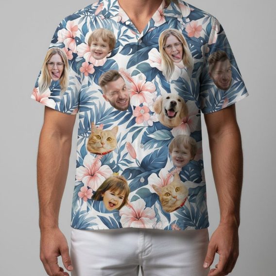Custom hawaiian shirts with face customization showing multiple photo placement options