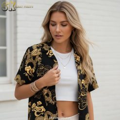 D and D Hawaiian shirt specifications showing dragon print design and sizing details