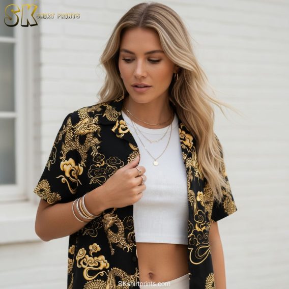 D and D Hawaiian shirt specifications showing dragon print design and sizing details