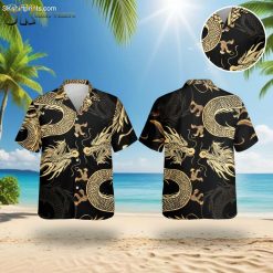 D&D Hawaiian shirt featuring intricate gold dragon design on dark background, button-up style for men