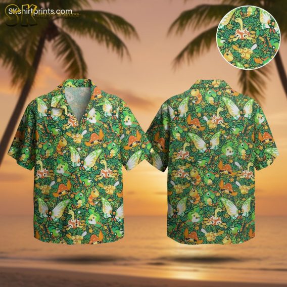 Dark green Hawaiian shirt featuring colorful butterfly and mushroom pattern with tropical foliage design