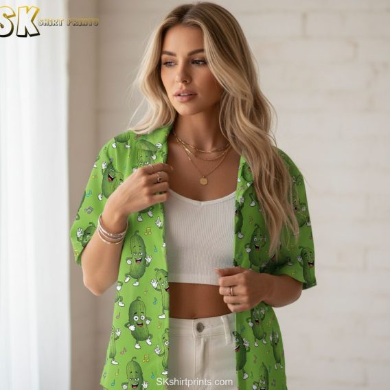 Dark green Hawaiian shirt showcasing dancing pickle characters with expressive faces and musical notes
