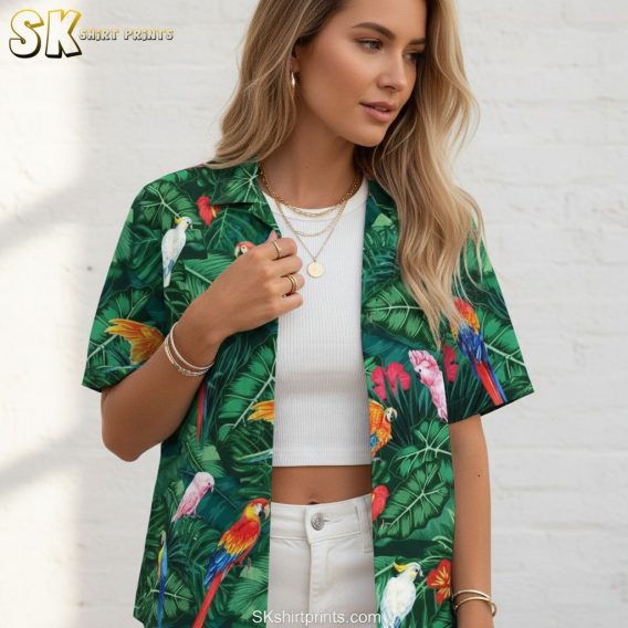 Dark green Hawaiian shirt with exotic parrots and red tropical flowers