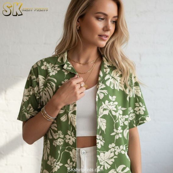 Dark green Hawaiian shirt with tropical foliage pattern featuring large leaves and flowers in cream