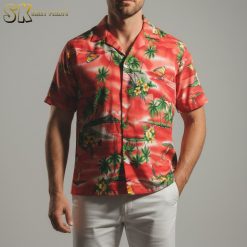 Dark red Hawaiian shirt with tropical pattern including palm trees, beach umbrellas, and ocean scenes