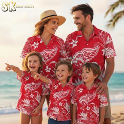Detroit Red Wings Hawaiian shirt full pattern view showing red background with white tropical and wing designs