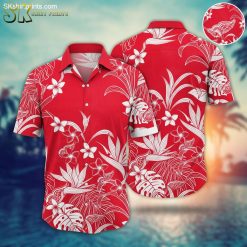 Detroit Red Wings Hawaiian shirt in vibrant red with white wing motifs and tropical flowers
