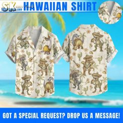 Man wearing dinosaur aloha shirt with cartoon dinosaurs in sombreros and ponchos, tropical palm trees and cacti pattern