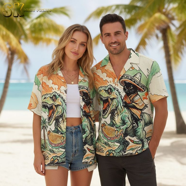 Cat Riding Dinosaur with Taco Mens Dinosaur Hawaiian Shirt – Tropical Print Button Down