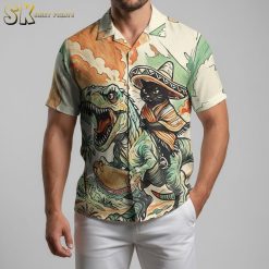 Dinosaur hawaiian shirt closeup showing detailed pattern of black cat in sombrero riding dinosaur with taco and palm trees