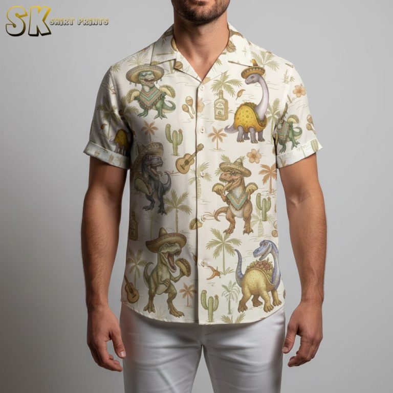 Fiesta Dinosaur Aloha Shirt – T-Rex in Sombrero Hawaiian Print for Men
