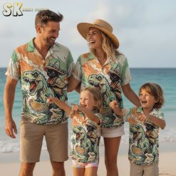 Dinosaur hawaiian shirt mens collection showing all available colors of black cat sombrero riding dinosaur with taco pattern