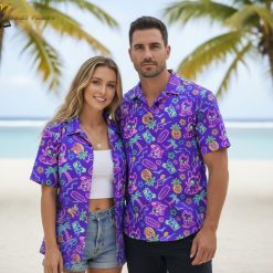 DND Hawaiian shirt with purple tropical print featuring fantasy gaming elements and tiki designs