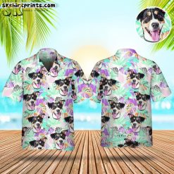 Beach Hawaii shirt featuring colorful dog face pattern with tropical leaves and pastel colors