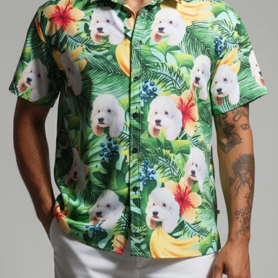 Dog hawaiian shirt displaying white dog graphics with bright red and yellow hibiscus tropical flower design