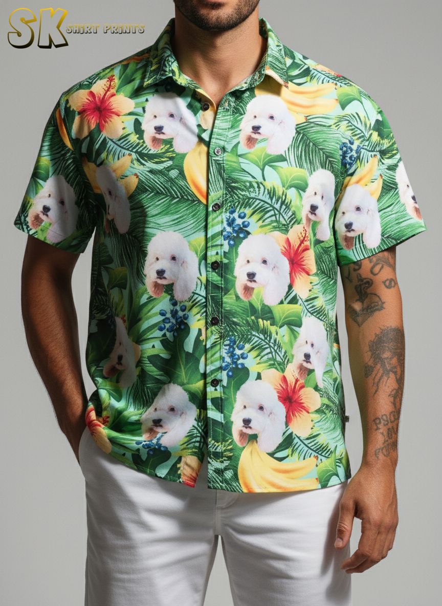 Dog hawaiian shirt displaying white dog graphics with bright red and yellow hibiscus tropical flower design