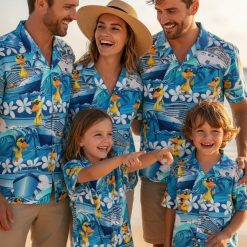 Donald duck button up shirt featuring yellow ducks with sunglasses, white floral patterns, and cruise ship artwork