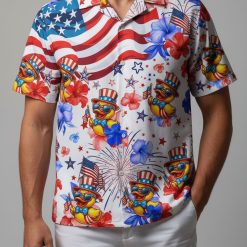 Donald Duck Hawaiian shirt with cartoon duck characters wearing patriotic accessories and tropical flower print