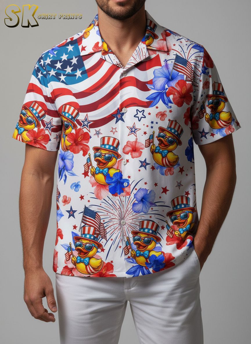 Donald Duck Hawaiian shirt with cartoon duck characters wearing patriotic accessories and tropical flower print