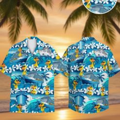 Donald duck hawaiian shirt featuring yellow ducks with sunglasses, cruise ships, and tropical palm trees on blue background