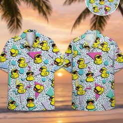 Donald duck shirts for men featuring cartoon rubber ducks wearing sunglasses on pastel geometric background