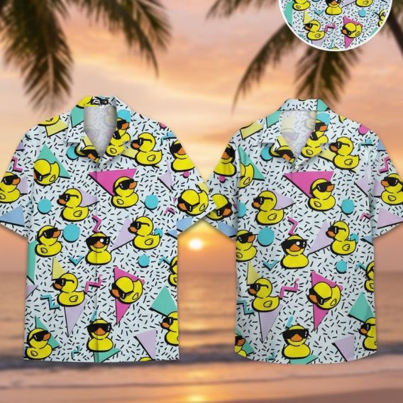 Donald duck shirts for men featuring cartoon rubber ducks wearing sunglasses on pastel geometric background