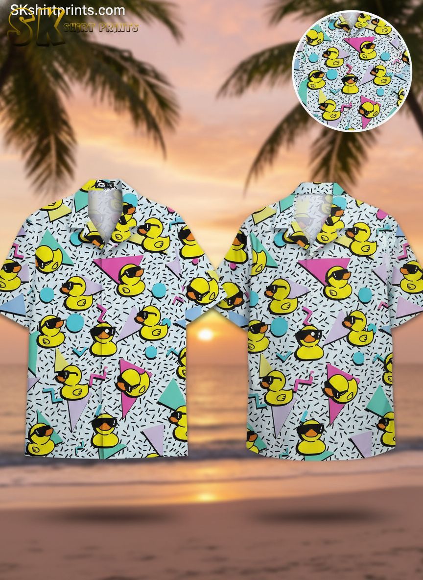 Donald duck shirts for men featuring cartoon rubber ducks wearing sunglasses on pastel geometric background
