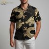 Dragon aloha shirt with mythical gold dragon pattern, traditional Hawaiian button-up style