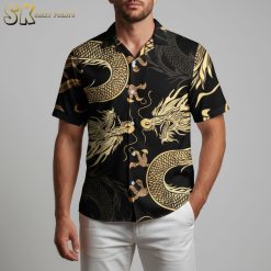Dragon aloha shirt with mythical gold dragon pattern, traditional Hawaiian button-up style