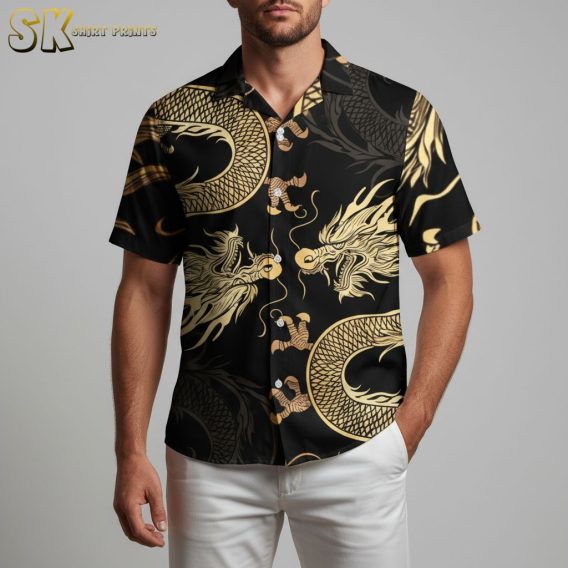 Dragon aloha shirt with mythical gold dragon pattern, traditional Hawaiian button-up style