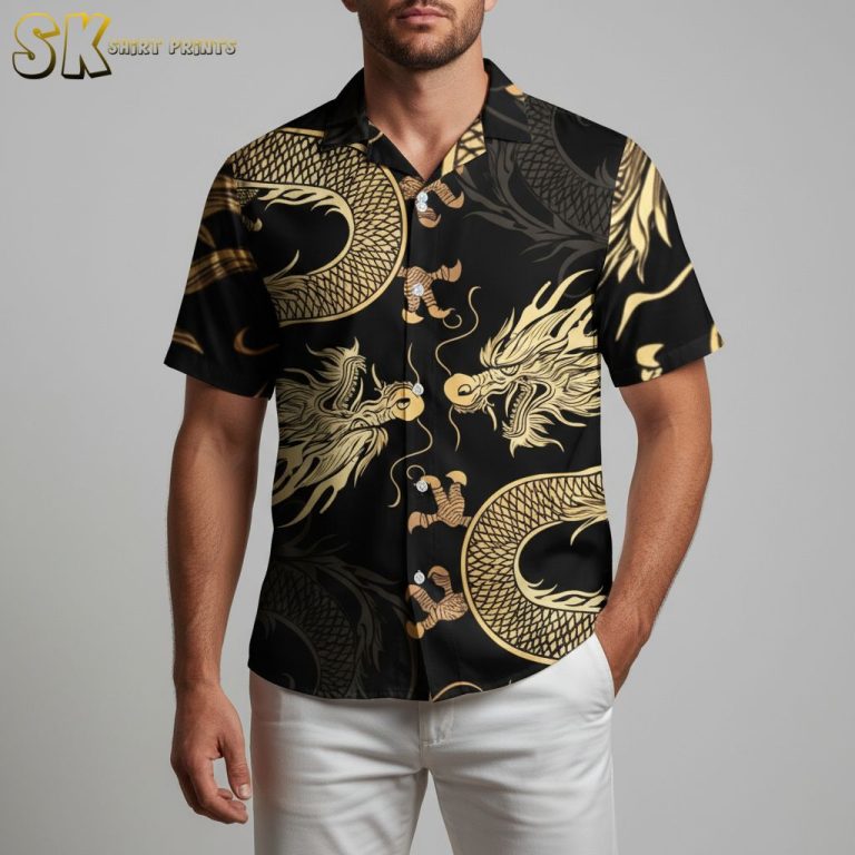 Golden Dragon D&D Hawaiian Shirt – Dungeons & Dragons Button Up Shirt for Men