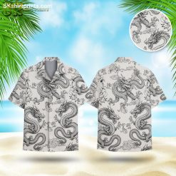Dragon aloha shirt featuring intricate traditional Asian dragons with scales and flowing bodies in monochromatic design