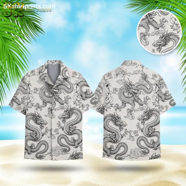 Traditional Chinese Dragon Aloha Shirt - Asian Inspired Hawaiian Button Down with Floral Cloud Design
