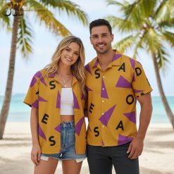 Dragon Ball Z Hawaiian shirt with abstract purple triangle pattern on yellow background
