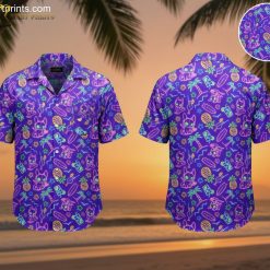 Dragon Ball Z Hawaiian shirt with purple background featuring tropical cartoon creatures and tiki statues