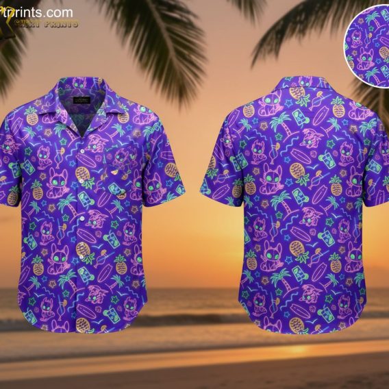 Dragon Ball Z Hawaiian shirt with purple background featuring tropical cartoon creatures and tiki statues