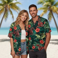 Dragon Hawaiian shirt featuring fantasy dragons with tropical hibiscus and leaves