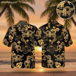 Dragon Hawaiian shirt featuring ornate golden dragons with traditional Asian motifs on black background